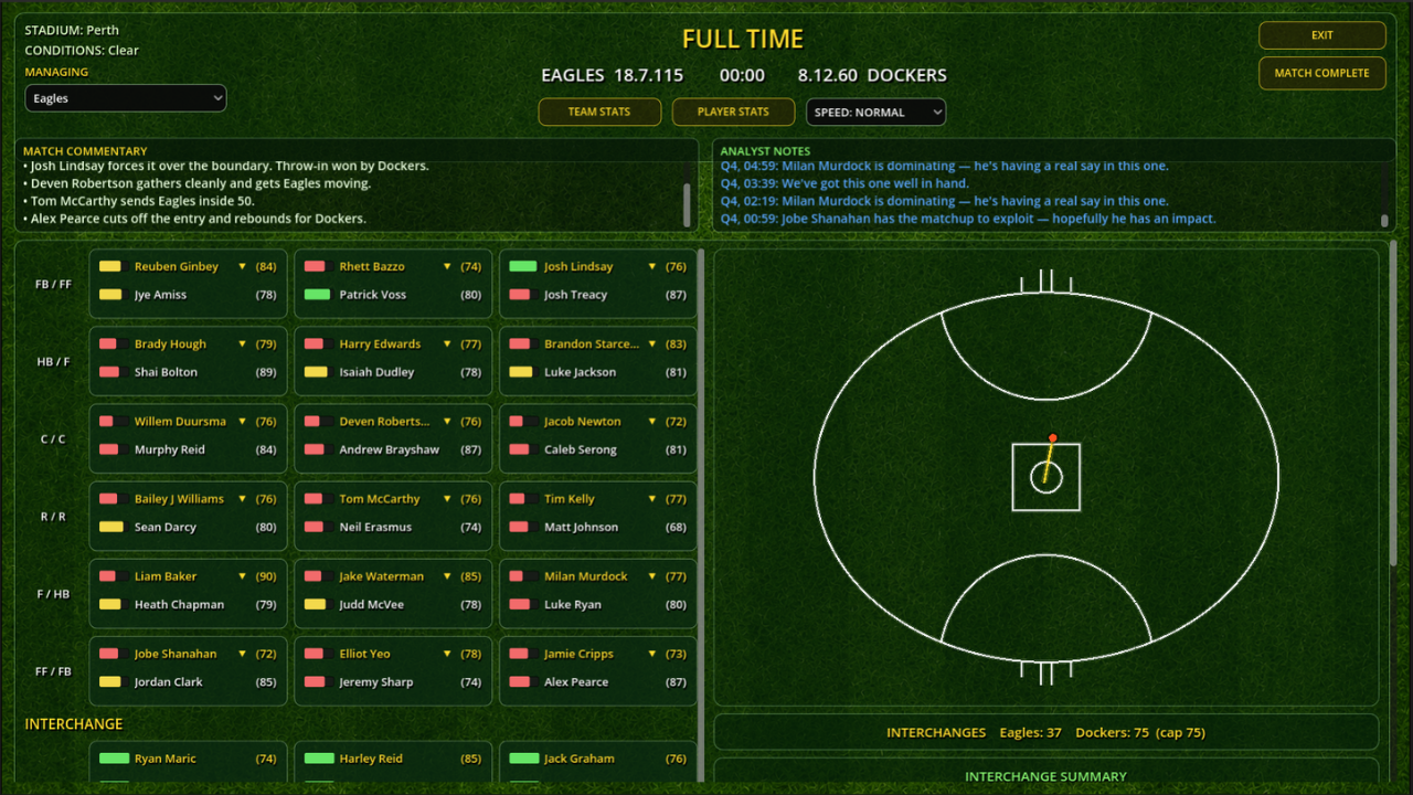 Match simulation screenshot from The List Manager